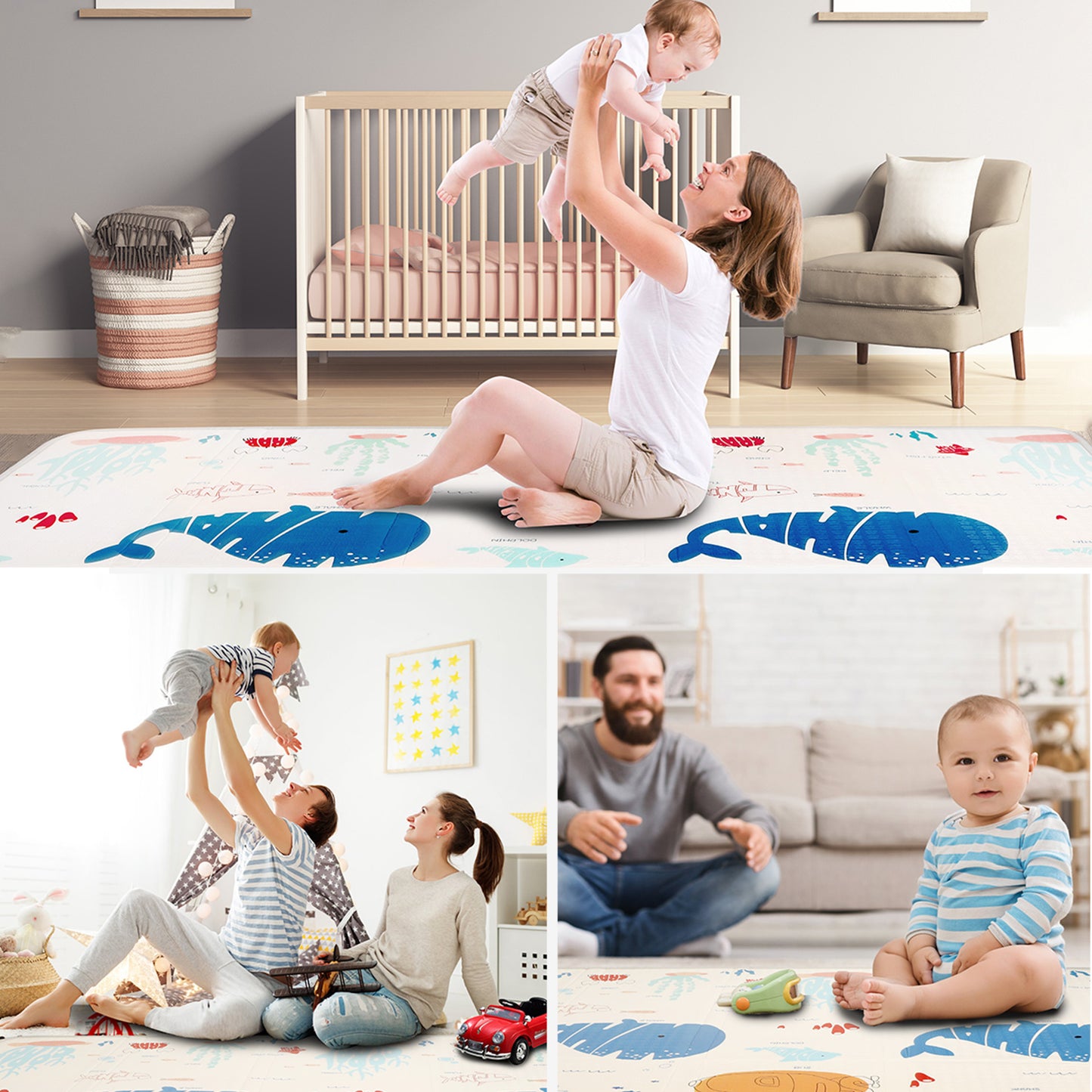 CreateBay 71“x79”x0.8" Extra Large Thickness Foldable Foam Baby Play Mat, Double Sided Baby Floor Play Mat for Babies and Toddlers, Infants, Waterproof Baby Crawling Mat (Ocean)…