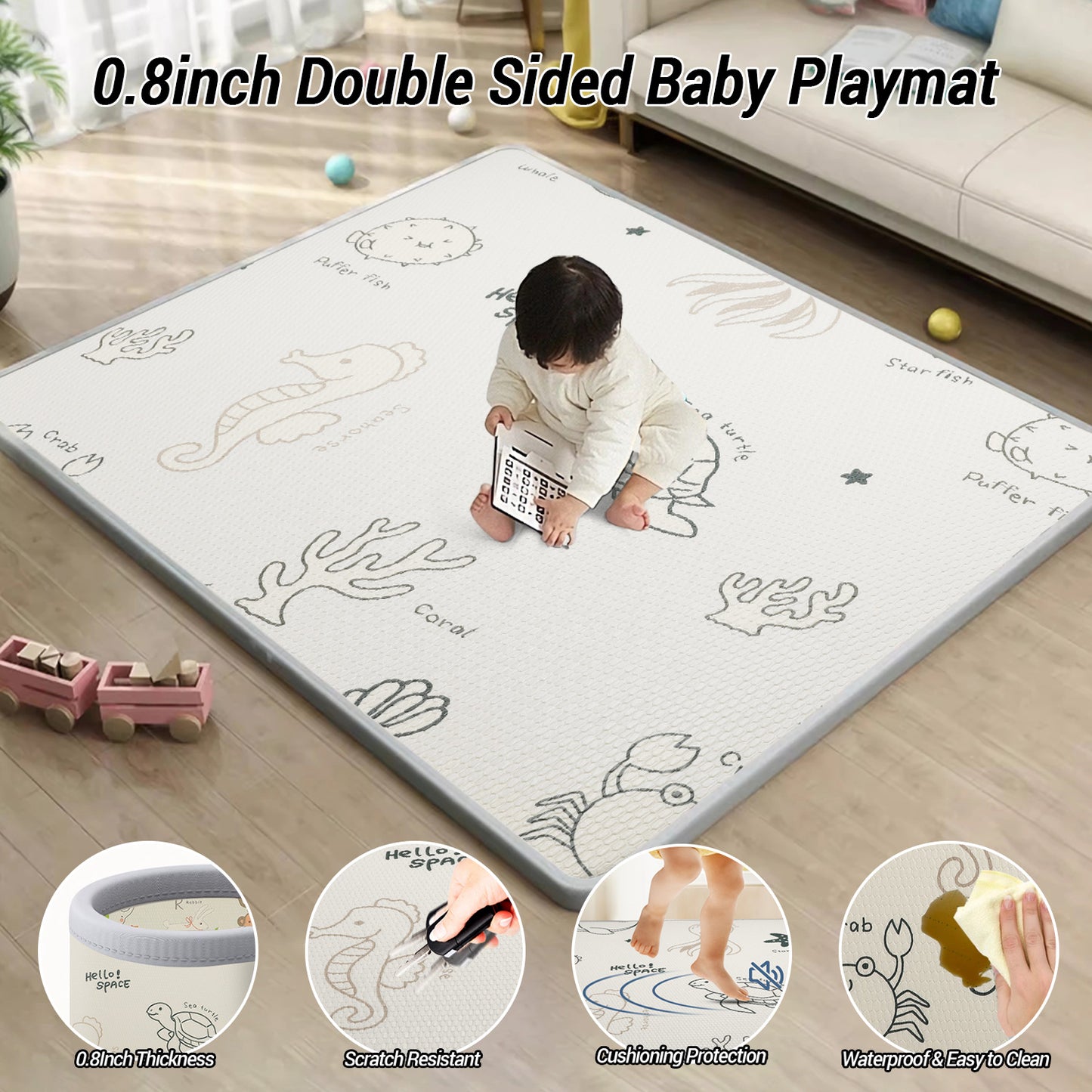 Baby Play Pen with Mat 0.8“ Thickness Rolling Foam Play Mat, 50x50 Inch Playard for Babies, Toddlers, Infants, Indoor & Outdoor Activity Center, Safety Baby Fence with Gate